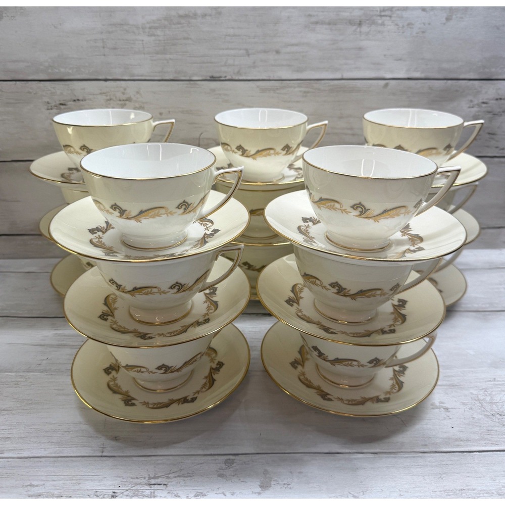 Minton Gold Laurentian H5184 Bone China Teacup Saucer Set 15 Cream Gold England